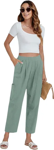 Vista 4 de LYANER Pantalones rectos con cintura elástica y bolsillos para mujer