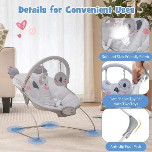 Vista 7 de BABY JOY Gorila para bebé, asiento portátil para bebé con vibración y música, barra extraíble y cubierta de tela, arnés de seguridad de 3 puntos
