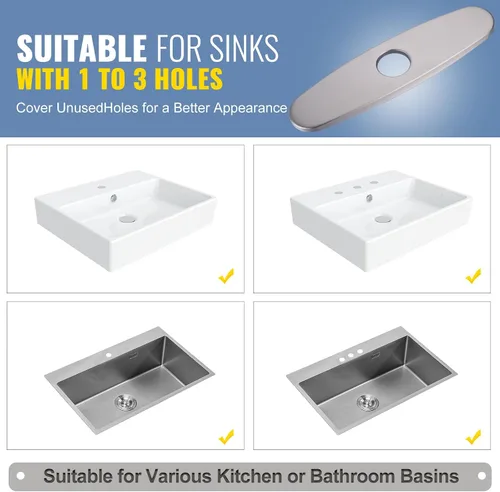 Vista 3 de WOWOW Placa de grifo, cubierta de fregadero de cocina, placa de acero inoxidable para 1 o 3 agujeros, baño o cocina, grifo mezclador, 10 pulgadas