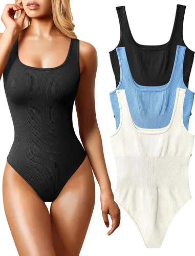 Vista 13 de OQQ Body de 3 piezas para mujer, sexy, acanalado, sin mangas, cuello cuadrado, camiseta sin mangas, leotardo, trajes de moda 2025 negro azul blanco