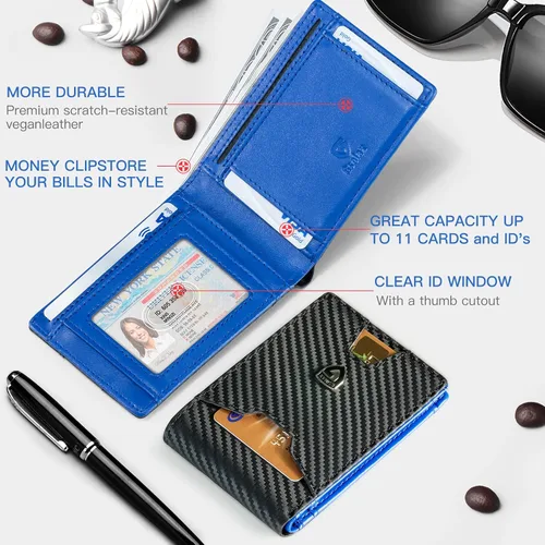 Vista 4 de GSOIAX Billetera delgada para hombre con bloqueo RFID carteras plegables para hombre minimalista cuero auténtico fibra de carbono clip para dinero