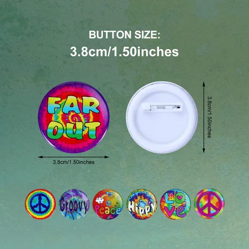 Vista 5 de 48 piezas de botones hippie retro botones pin 60's fiesta hippie accesorio de disfraz