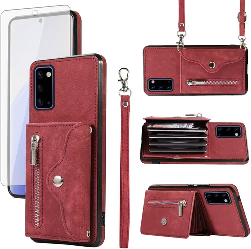 Vista 9 de Funda de teléfono para Samsung Galaxy Note 20 5G con protector de pantalla de vidrio templado, correa cruzada para muñeca, soporte para tarjeta