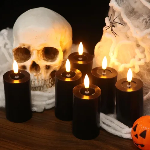 Vista 4 de Decoraciones de Halloween Velas de Superficie de Espejo con Control Remoto Temporizador, Funcionan con Baterías 6pcs Velas Votivas LED de Cera Real