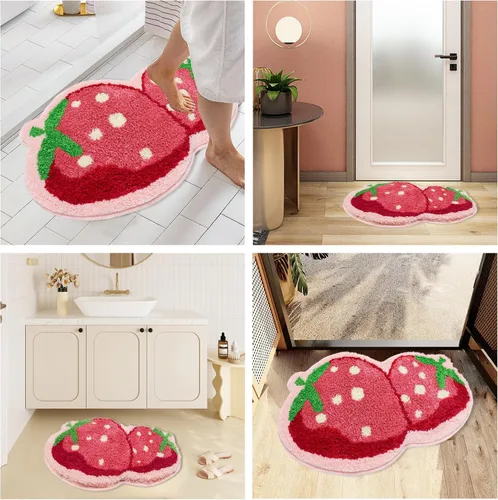 Vista 6 de Alfombra de baño de fresa, bonita alfombra de baño de fresa, decoración de baño, suave, absorbente, antideslizante, divertida alfombra de frutas