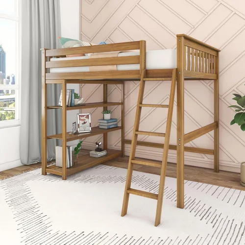 Vista 14 de Max & Lily Cama alta de tamaño matrimonial con estantería, arcilla, madera maciza, marco de cama moderno para niños/adolescentes, pino, acabado