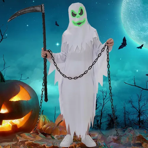 Vista 2 de QUJQOM Disfraz de fantasma de Halloween que brilla en la oscuridad para niños, capa blanca de fantasma abucheo para espeluznante truco o trato