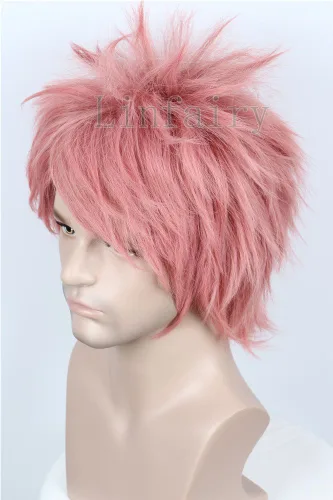 Vista 3 de Linfairy Peluca de cosplay de anime, color rosa, recta y corta, unisex, para disfraz de Halloween para hombre