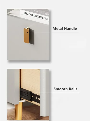 Vista 6 de Mesita de noche moderna de madera maciza con almacenamiento de 2 cajones, parte superior de mármol, práctica mesa auxiliar auxiliar para dormitorio
