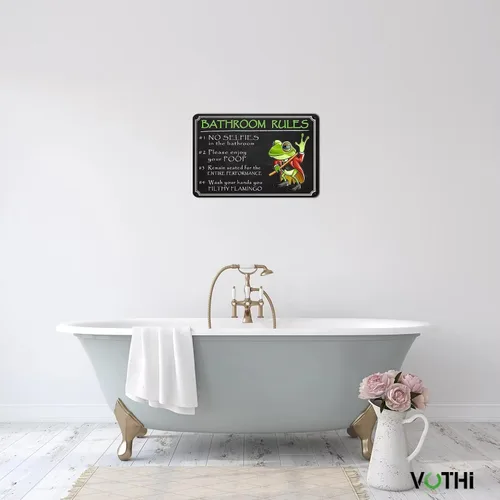 Vista 5 de Divertido letrero de metal de rana, póster de decoración de baño de rana, regalos lindos de rana para amantes de las ranas; decoración de reglas