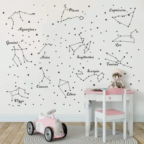 Vista 2 de Calcomanías de pared de constelación para habitación de niños, 12 calcomanías de astronomía del zodiaco con estrellas y signos, mural de vinilo Negro