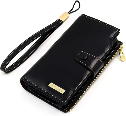 Vista 4 de ANDOILT Cartera de cuero genuino con bloqueo RFID para mujer, de gran capacidad, de lujo, con cera, tarjetero, organizador