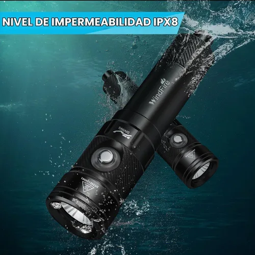 Vista 5 de Linterna de buceo WindFire, linterna impermeable para buceo 262 pies bajo el agua, linterna recargable para snorkel con 4 modos y indicador