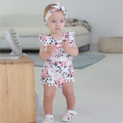 Vista 2 de Hascloth Newborn Baby Girl Romper Infant Tassel Bodysuit Floral Dress Shorts Jumpsuit Ruffle Sleeveless Onesie Clothes Outfit