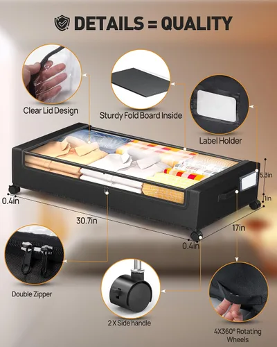 Vista 5 de Almacenamiento debajo de la cama, almacenamiento debajo de la cama con ruedas, almacenamiento debajo de la cama para ropa, mantas, zapatos... Negro