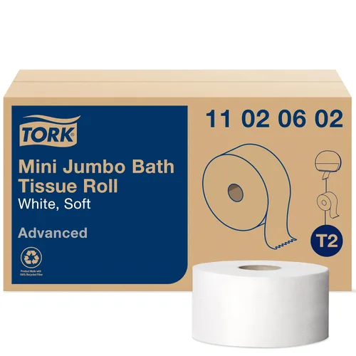 Vista 2 de Tork Mini rollo de papel de baño jumbo (12 rollos) y rollo de toalla de mano de papel Tork Matic (6 rollos)
