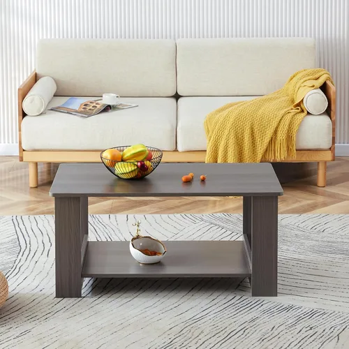 Vista 2 de Mesas de centro modernas de 2 niveles rectangulares de madera con amplio almacenamiento, perfectas para sala de estar, decoración de sala