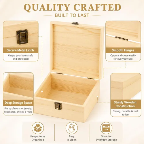 Vista 4 de Caja de madera de 2 piezas con tapa con bisagras, juego de caja de madera grande, baúl de manualidades sin terminar para pintura de bricolaje