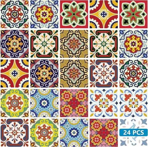Vista 17 de Juego de 24 calcomanías para azulejos de salpicaduras en muro, azulejos tradicionales de Talavera, calcomanías para azulejos de baño y cocina