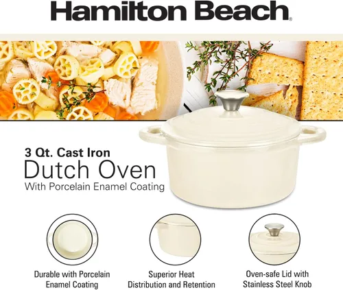 Vista 9 de Hamilton Beach Olla holandesa de hierro fundido esmaltado de 3 cuartos de galón con tapa, color crema