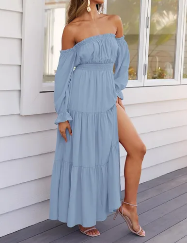 Vista 156 de ZESICA - Vestido largo, bohemio y sexy, con hombros descubiertos y manga larga fruncida, con elástico fruncido, cintura alta y abertura lateral