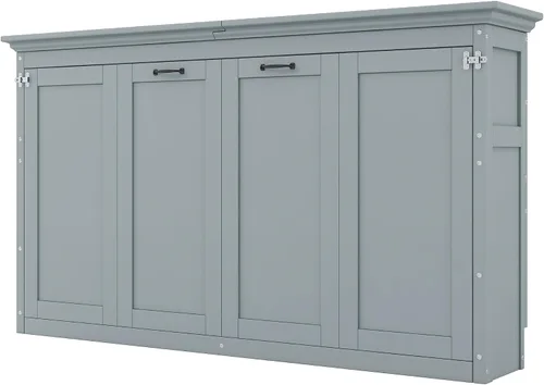 Vista 5 de MERITLINE Armario de cama Murphy horizontal individual con escritorio, marco de cama Murphy de madera maciza para habitación pequeña, oficina Gris
