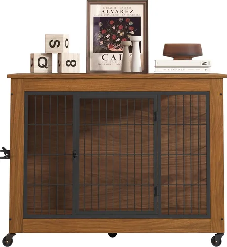 Vista 9 de Mueble de jaula para perros de 38.6 pulgadas con ruedas, mesa de madera resistente para perrera, jaula para mascotas de interior con 2 puertas, caja