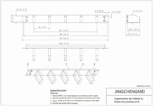 Vista 3 de 19-Inch 1U Metal Horizontal Rackmount 5 D-Rings Cable Manager