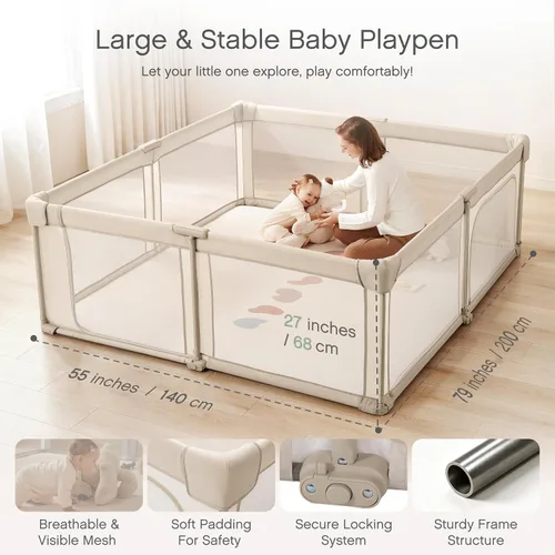 Vista 4 de Doradotey - Corralito plegable y premontado para bebés y niños pequeños, corralito grande de 55 x 79 pulgadas para interiores, juego de valla