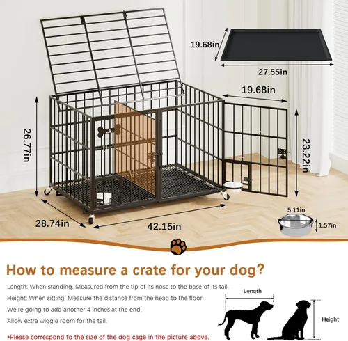 Vista 2 de Dosker Jaula de 42 pulgadas de metal resistente para perros con divisor para 2 perros/perro grande, jaula a prueba de escapes con parte superior