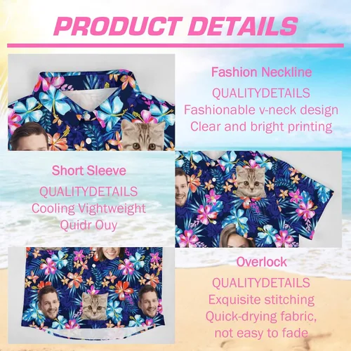 Vista 5 de Camisa hawaiana personalizada para hombres con cara, camisas florales tropicales personalizadas con foto de marido Aloha Beach Flower Shirt
