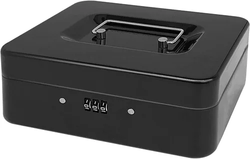 Vista 8 de Caja de efectivo de acero con cerradura de combinación, organizador de dinero pequeño de metal con bandeja de dinero extraíble, caja de Negro - 7.9