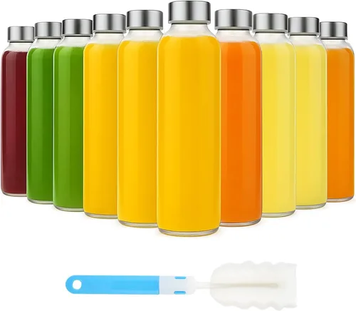 Vista 15 de Sursip Botellas de agua de vidrio de 18 onzas con tapas, botellas de jugo, botella de jugo de vidrio transparente para exprimir, botellas de jugo
