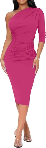 Vista 3 de Vestido midi ajustado de un hombro para mujer, manga 34, cóctel, fiesta, fruncido