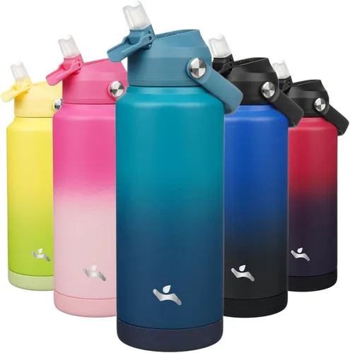 Vista 15 de Konokyo Botella de agua aislada con tapa de pajilla, botella de metal al vacío de acero inoxidable de 18 onzas con mango de silicona, color negro