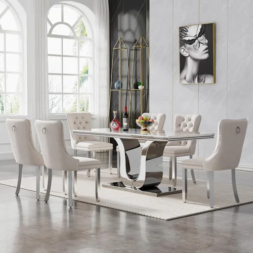 Vista 20 de SSLine Mesa de comedor moderna para mesa de cocina de mármol sintético de 6,70 pulgadas, mesa de comedor rectangular para muebles de cocina