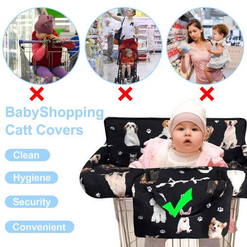 Vista 4 de Funda negra para carrito de compras para bebé, funda para silla alta 2 en 1, con arnés de seguridad, multifuncional, patrón de perro, fundas