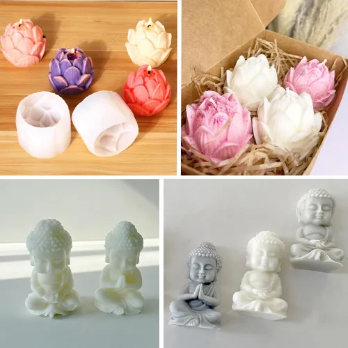 Vista 5 de Moldes de silicona para velas de loto y mini Buda con aguja de gancho para molde, etc. para decoración del hogar, velas perfumadas, fabricación de 2