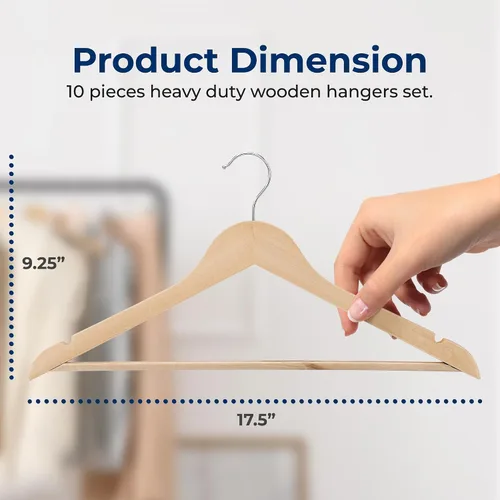 Vista 2 de SereneLife Perchas de madera maciza, paquete mega, 60 perchas para ropa, juego de perchas resistentes con gancho giratorio cromado de 360 grados