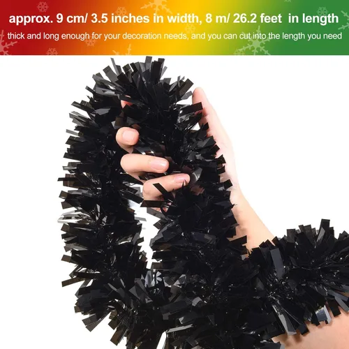 Vista 3 de Guirnalda de Oropel de Navidad de 26.2 pies Negra de Halloween Guirnalda Metálica para Árbol Decoraciones Colgantes de Oropel con Brillantina