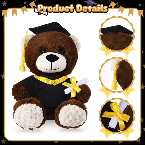 Vista 4 de Oso ZJoey con gorra de graduación Juguetes Clase de 2025 Oso de peluche Teddy Bear Animal con gorra y toga con tarjeta de felicitación y bolsa