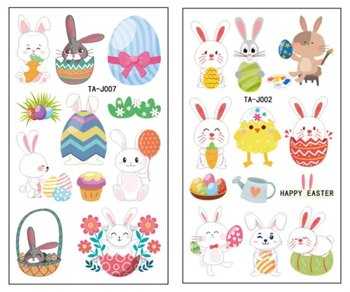 Vista 3 de 10 hojas (110 unidades) Tatuaje temporal de Pascua para niños, calcomanías de tatuaje de huevos de conejo, manos faciales disponibles, decoraciones