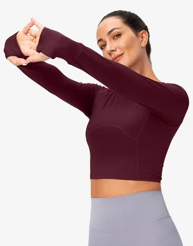 Vista 4 de SANTINY Camiseta corta de manga larga para mujer, ajustada, para gimnasio, yoga, correr, para mujer