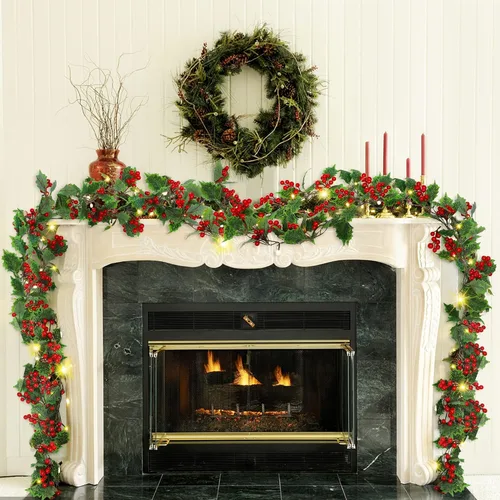 Vista 7 de Guirnalda de Navidad iluminada de bayas rojas de 9 pies, guirnalda de Navidad operada por batería con luces, guirnalda artificial flexible