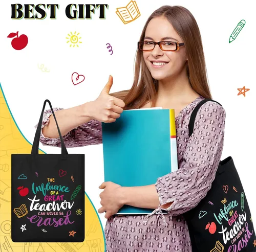 Vista 4 de 4 bolsas de lona negra para profesores con bolsillo interior, regalos de agradecimiento para profesores, los mejores regalos, bolsa de mano con cita