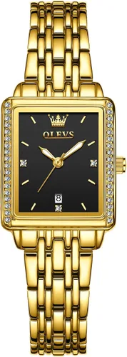 Vista 10 de OLEVS Reloj de mujer de oro de acero inoxidable, reloj de cara cuadrada pequeña con decoración de diamantes, reloj de vestir de cuarzo analógico