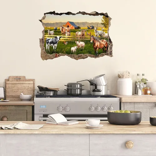 Vista 7 de Calcomanías de pared de animales de granja, mural de granja 3D, calcomanías de granja para despegar y pegar, calcomanías creativas falsas