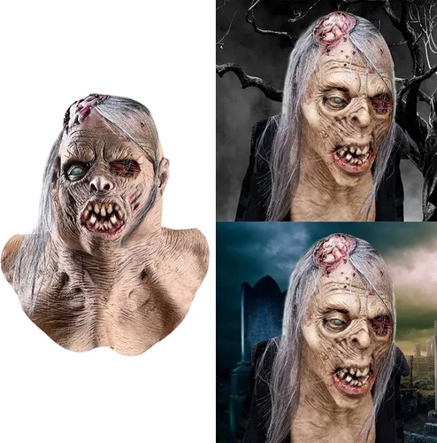 Vista 4 de Pigmiss Máscara de zombi aterrador de Halloween, espeluznante y realista, máscara facial de anciano con peluca larga, de terror, cabeza completa