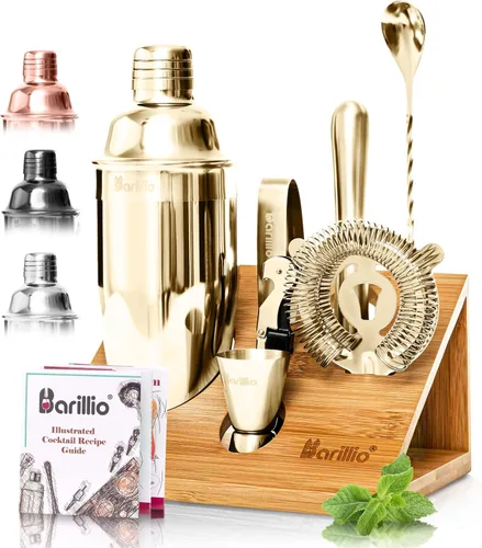 Vista 9 de Barillio Black Bartender Kit – Juego de coctelera de acero inoxidable con soporte de bambú – Herramientas de barra de mixología con coctelera