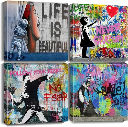 Vista 9 de Biufo Banksy - Lienzo decorativo para pared, arte callejero con grafiti pop para dormitorio, sala de estar, decoración de pared